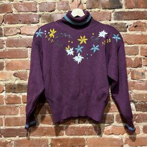 Obermayer Turtleneck Sweater Flower Applique Shoulder Pads Women's Small